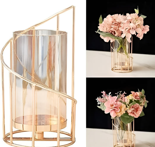 Metal Geometric Designer Gold Pillar Flower Vase with Removable Glass Modern Design Decorative for Table Top Bed Room Dining Room (Pack of 1)