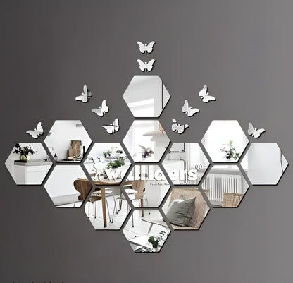 Hexagon 14 Silver (12 cm x 10 cm Each Piece ), Mirror Stickers for Wall, Acrylic Mirror Wall Decor Sticker, Wall Mirror Stickers, Acrylic Stickers, Wall Stickers for Hall Room, Bed Room, Kitchen