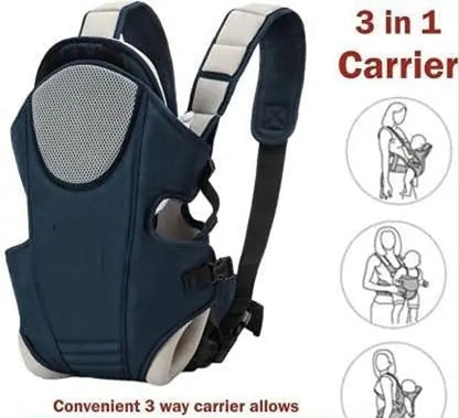 kidsify Premium Baby Carrier Bag in 3-in-1 Ergonomic Adjustable Sling Kangaroo Design with Carrying Basket for Front & Back Use for Infant Child and Mother Travel - 0 to 18 Month (Navy Blue)