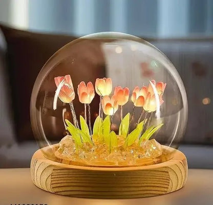 Romantic Tulip Night Light – USB-Powered LED Lamp with Wooden Base & Soft Pink Glow (9 DIY Flowers)