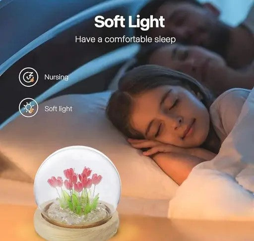 Romantic Tulip Night Light – USB-Powered LED Lamp with Wooden Base & Soft Pink Glow (9 DIY Flowers)