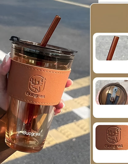 Glass Travel Sipper Tumbler Mug with Straw and Lid - 400ml-Pack of 1 - Tea and Coffee Fruit Milk Cup with Straw