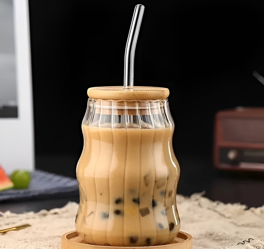 Wave shape water and juic glass with wooden lid and straw (pack of 2) | Wave shape glasse for coffee , milk shakes, Lassi,ice tea, cold drinks and many more