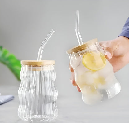 Wave shape water and juic glass with wooden lid and straw (pack of 2) | Wave shape glasse for coffee , milk shakes, Lassi,ice tea, cold drinks and many more