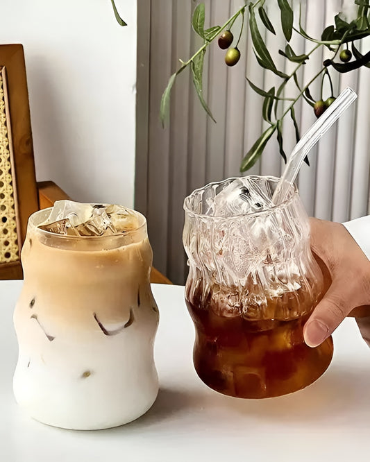 Wave shape water and juic glass with wooden lid and straw (pack of 2) | Wave shape glasse for coffee , milk shakes, Lassi,ice tea, cold drinks and many more