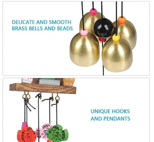 Wooden & Aluminum 5-Bell Wind Chimes – Soothing Sound for Home, Balcony & Garden Décor