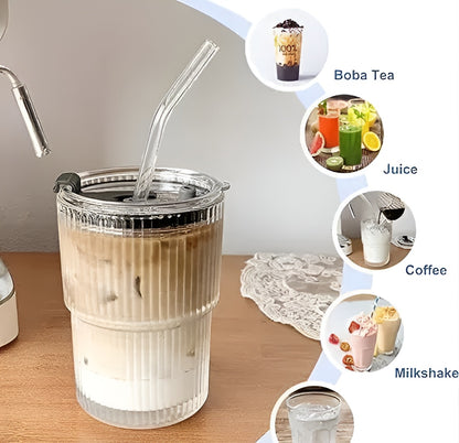 MYNA HOUSE Glass Cup with Lid & Straw – 450ml | Iced Coffee Cup | Leakproof Smoothie Glass