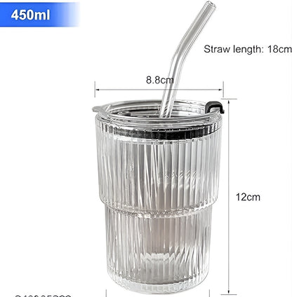 MYNA HOUSE Glass Cup with Lid & Straw – 450ml | Iced Coffee Cup | Leakproof Smoothie Glass