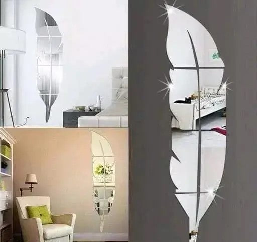 Plume Feather Silver 3D Acrylic Mirror Wall Sticker Decoration for Kids Room/Living Room/Bedroom/Office/Home Wall.