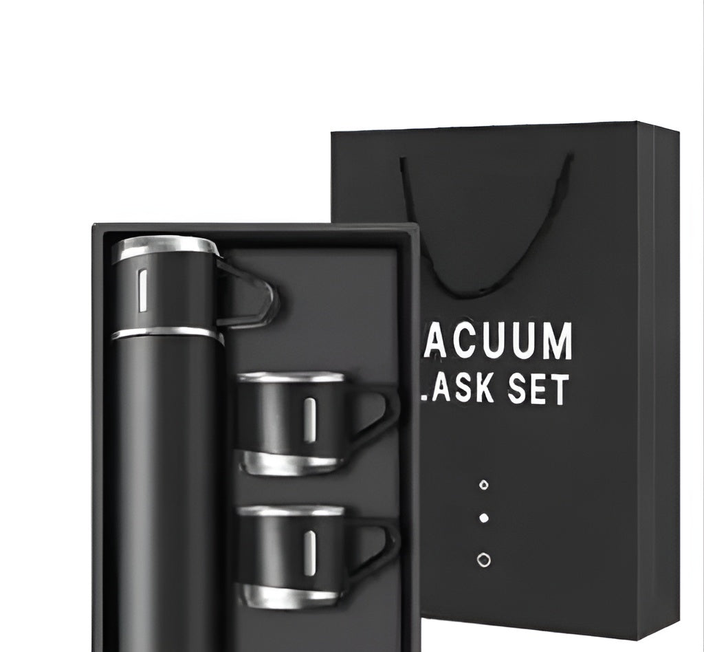 Vacuum Insulated Flask Gift Set – 500ml Bottle with 3 Cups for Hot & Cold Drinks !