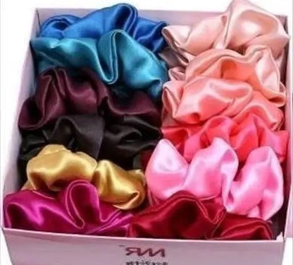 Pack of 12) Multicolor Pure Silk Scrunchies Hair Tie Elastic Large Hair Bands Set Hair Band (Multicolor)