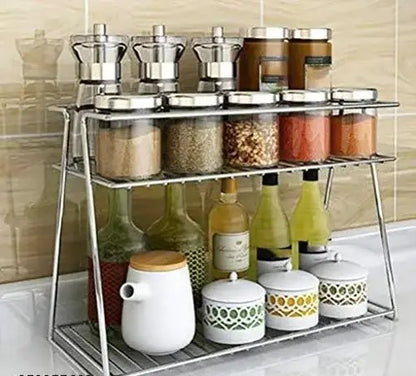 Stainless Steel 2-Tier Kitchen Rack – Multi-Purpose Organizer for Spices, Utensils & Dishes (Silver)