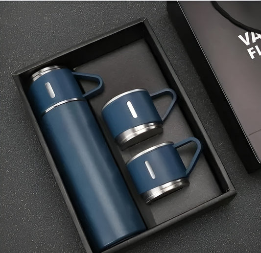 Vacuum Insulated Flask Gift Set – 500ml Bottle with 3 Cups for Hot & Cold Drinks !