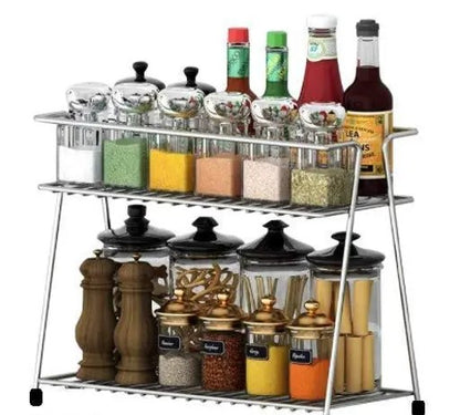 Stainless Steel 2-Tier Kitchen Rack – Multi-Purpose Organizer for Spices, Utensils & Dishes (Silver)