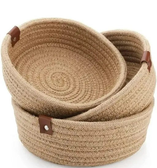 Natural Handwoven Jute Baskets – Mini Rope Storage for Home & Kitchen (Pack of 3, Beige)!